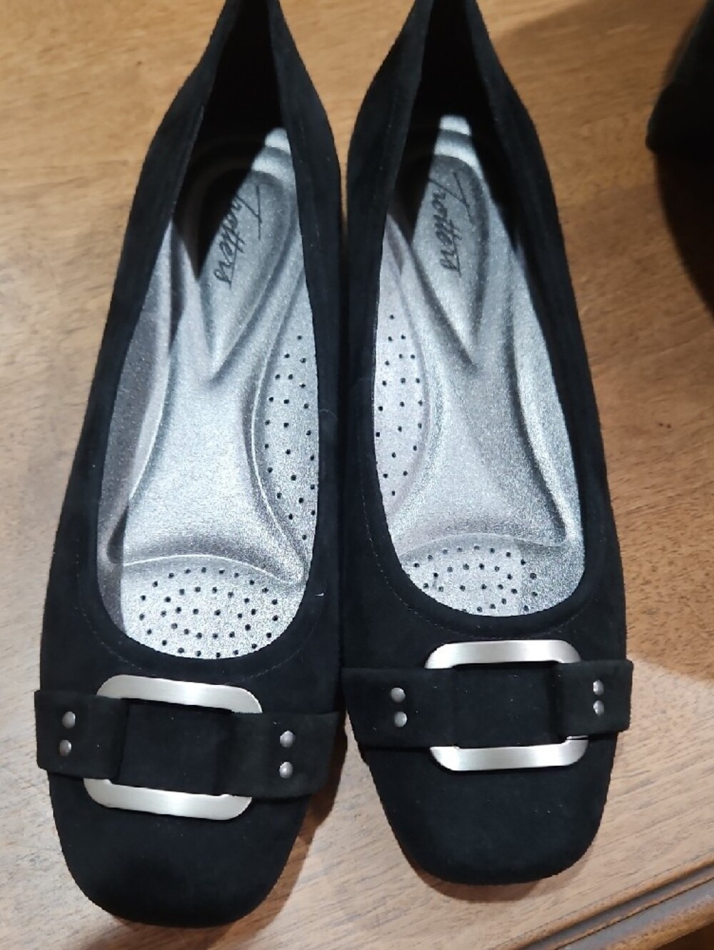 Trotters Black Suede Ballet Flats with Silver Buckle - Picture 3 of 7